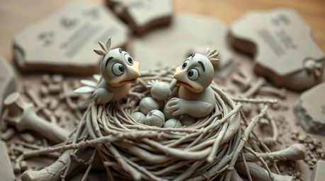 This captivating image showcases a high-angle view of a sculptural clay art piece.  Two charming cartoon birds are depicted i