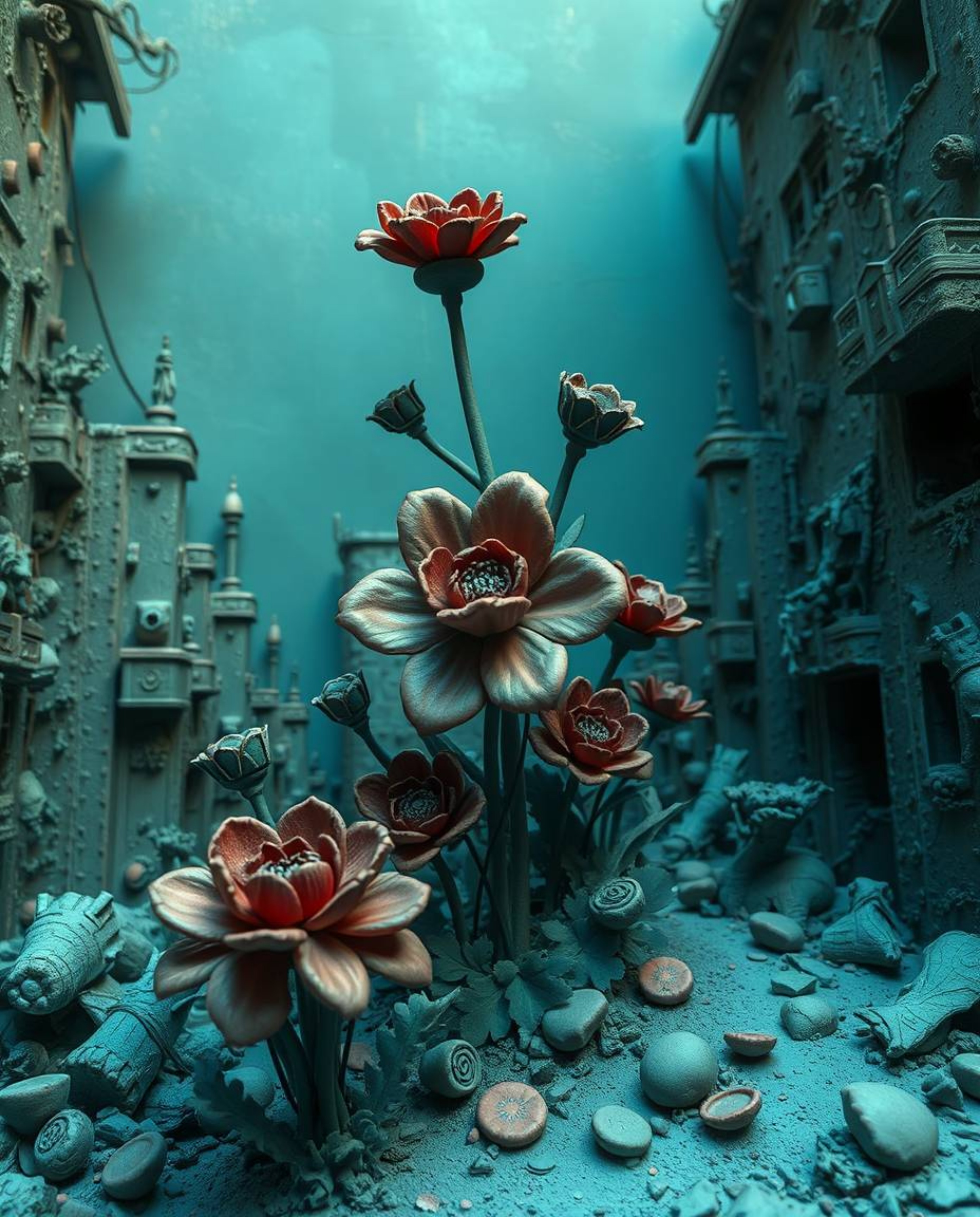 Explore a rich deep teal sculptural clay art depicting flowers blooming in a post-apocalyptic city. The artwork showcases tex