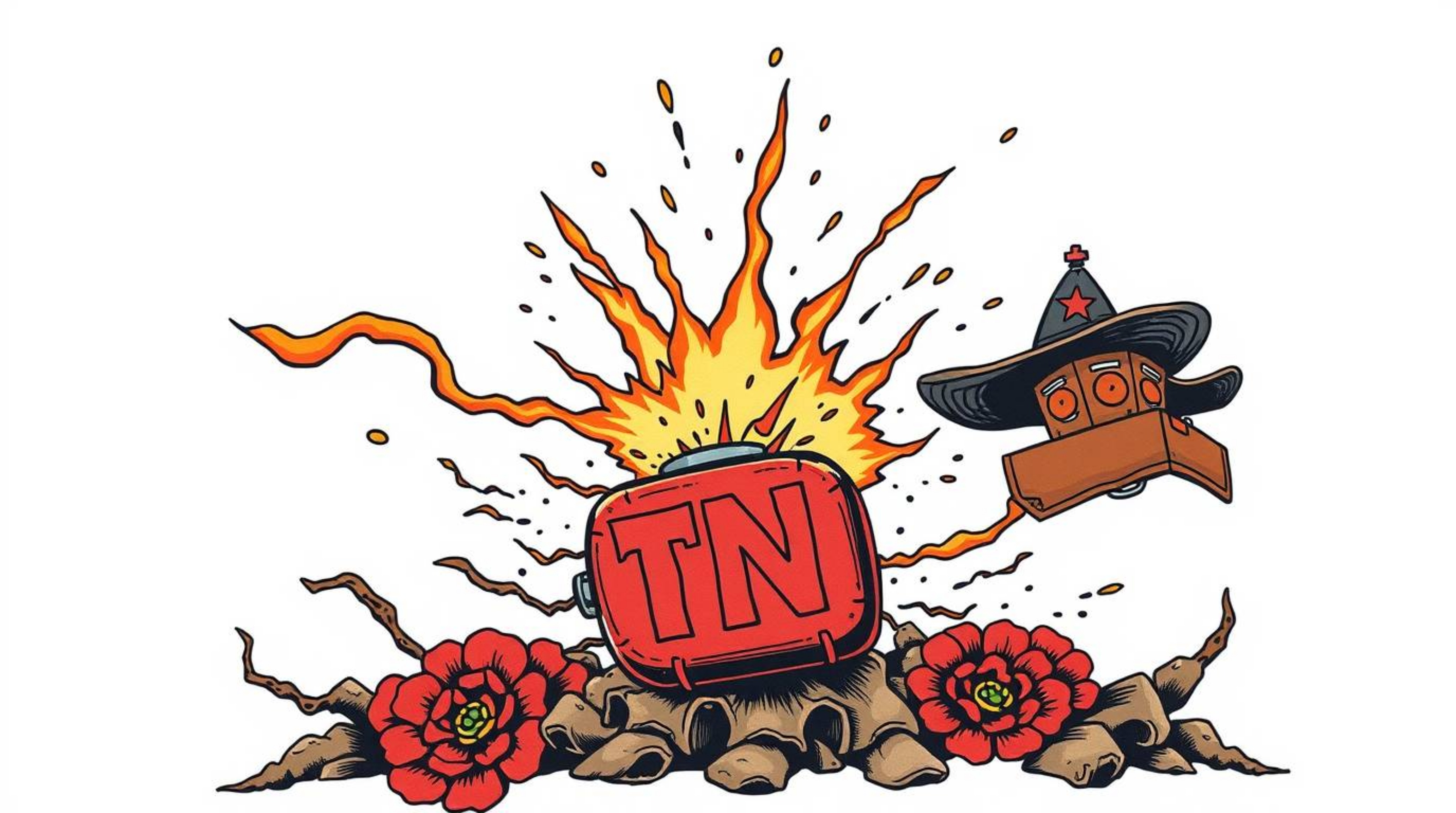 A classic exploding TNT gag set in the wild west is reimagined as a symbolic traditional tattoo art print. This vibrant desig