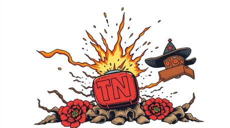 A classic exploding TNT gag set in the wild west is reimagined as a symbolic traditional tattoo art print. This vibrant desig