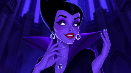 A graceful and elegant classic Disney villain with refined features casts a spell within the walls of an old castle, bathed i