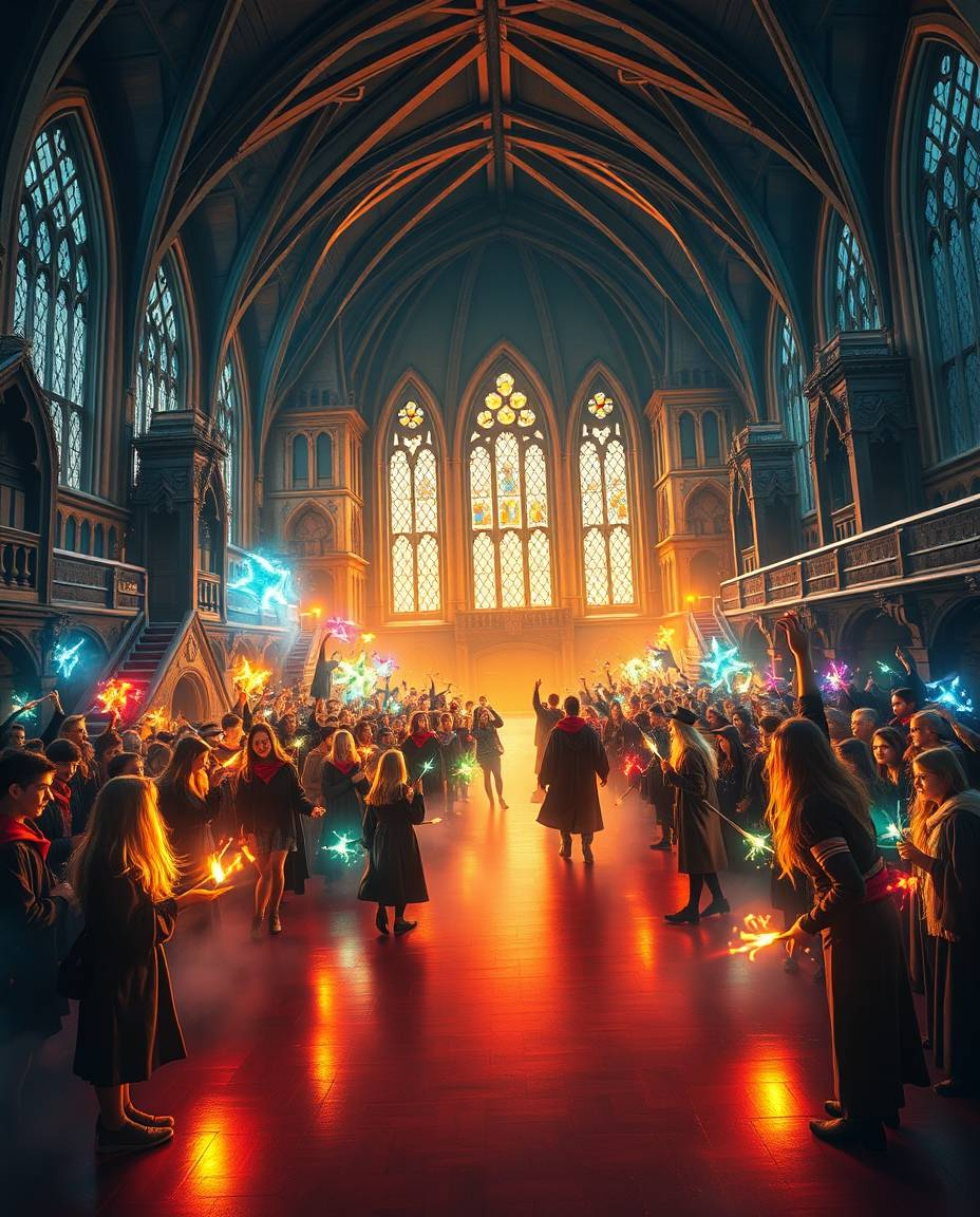 Immerse yourself in a breathtaking scene of a magical school teeming with young wizards, brought to life with epic lighting a