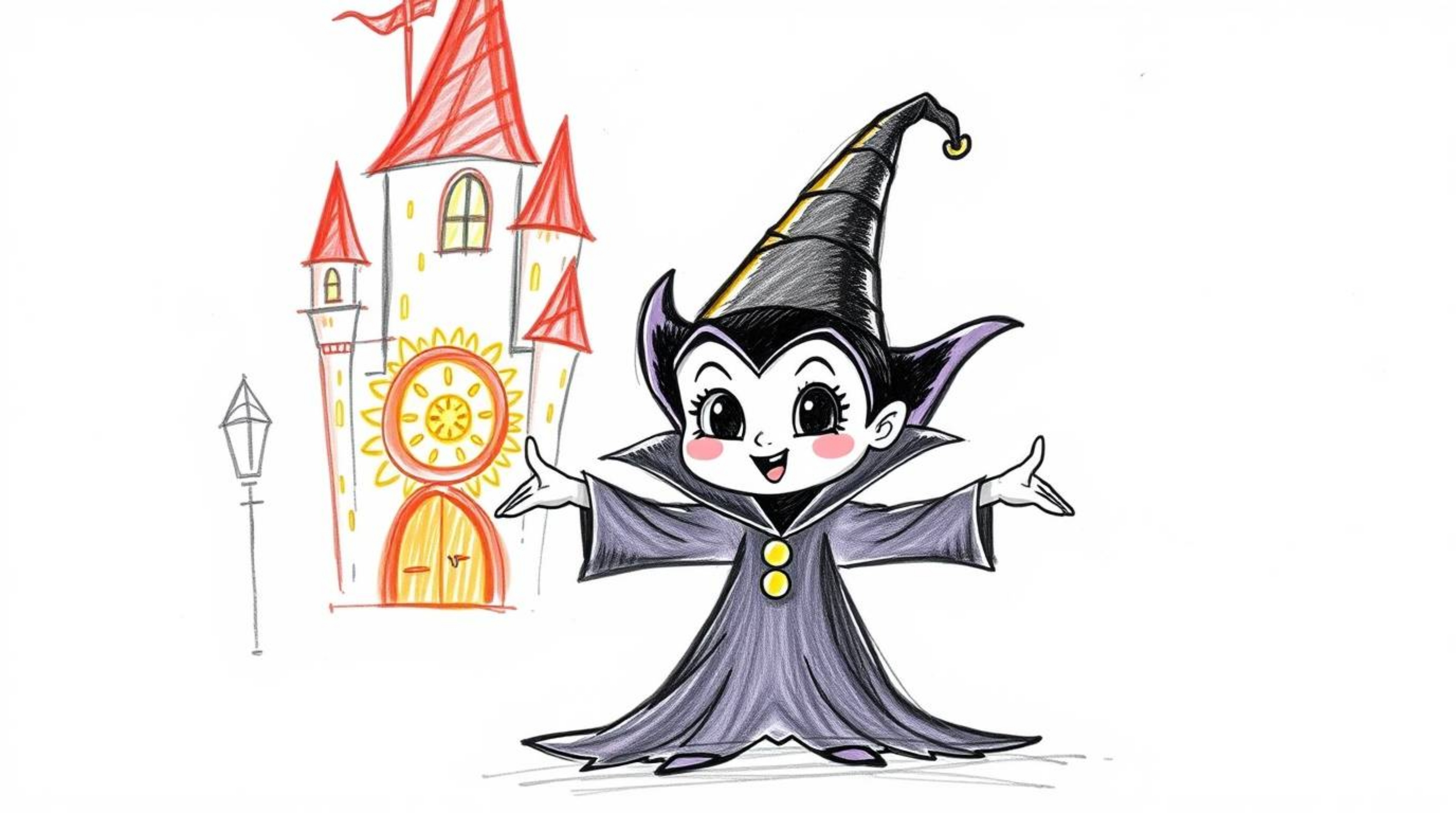 A charming hand-drawn sketch depicts an adorable Disney villain with soft features, casting a spell within a whimsical castle