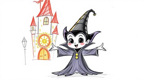 A charming hand-drawn sketch depicts an adorable Disney villain with soft features, casting a spell within a whimsical castle