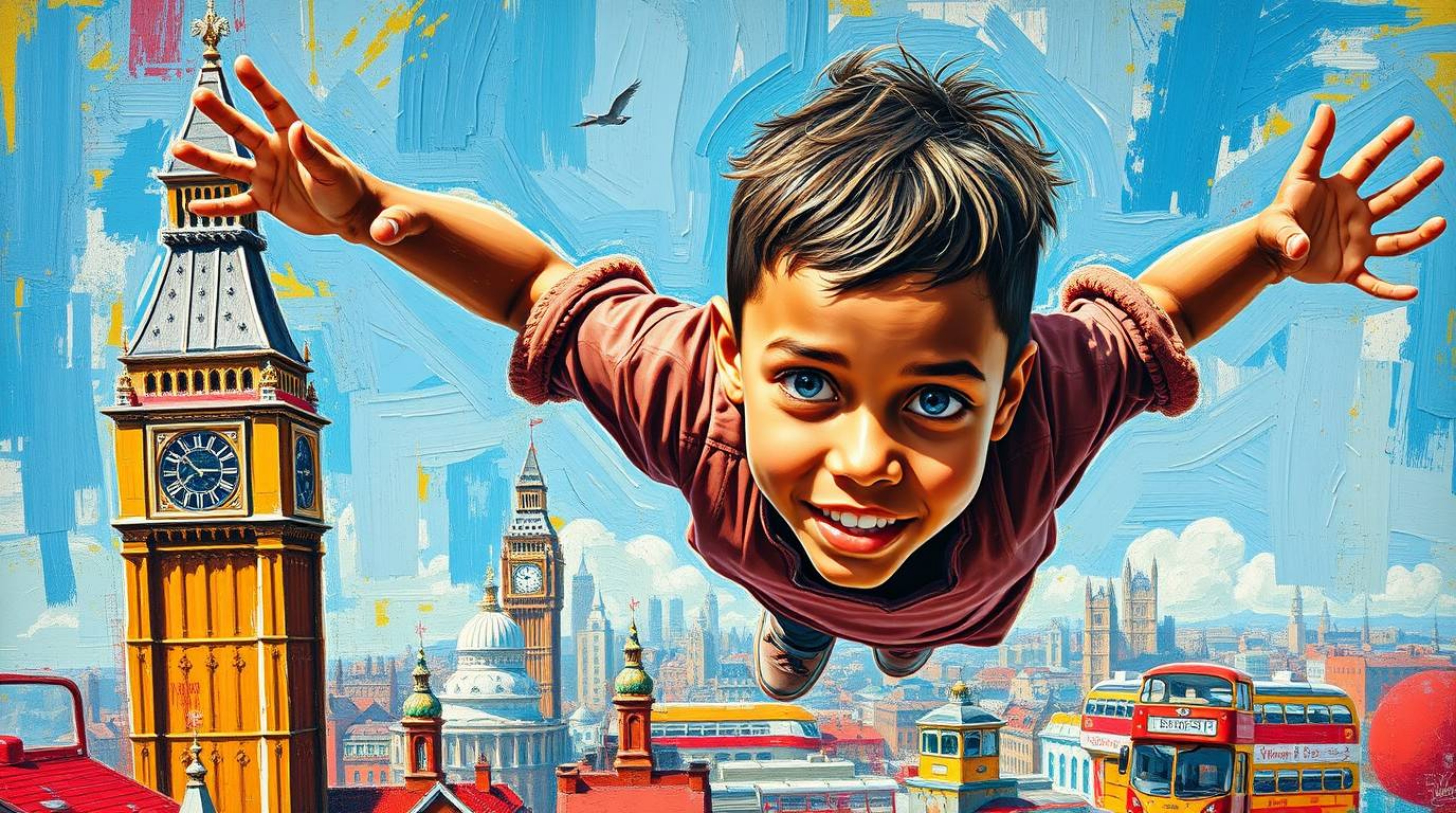 This bold acrylic painting features a sharply divided composition showcasing a young boy with tan skin and bright eyes soarin