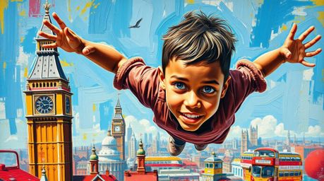 This bold acrylic painting features a sharply divided composition showcasing a young boy with tan skin and bright eyes soarin