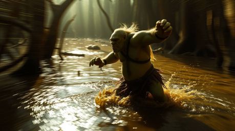 Witness a captivating spectacle of an ogre performing a vibrant dance within a swampy environment.  The scene is characterize