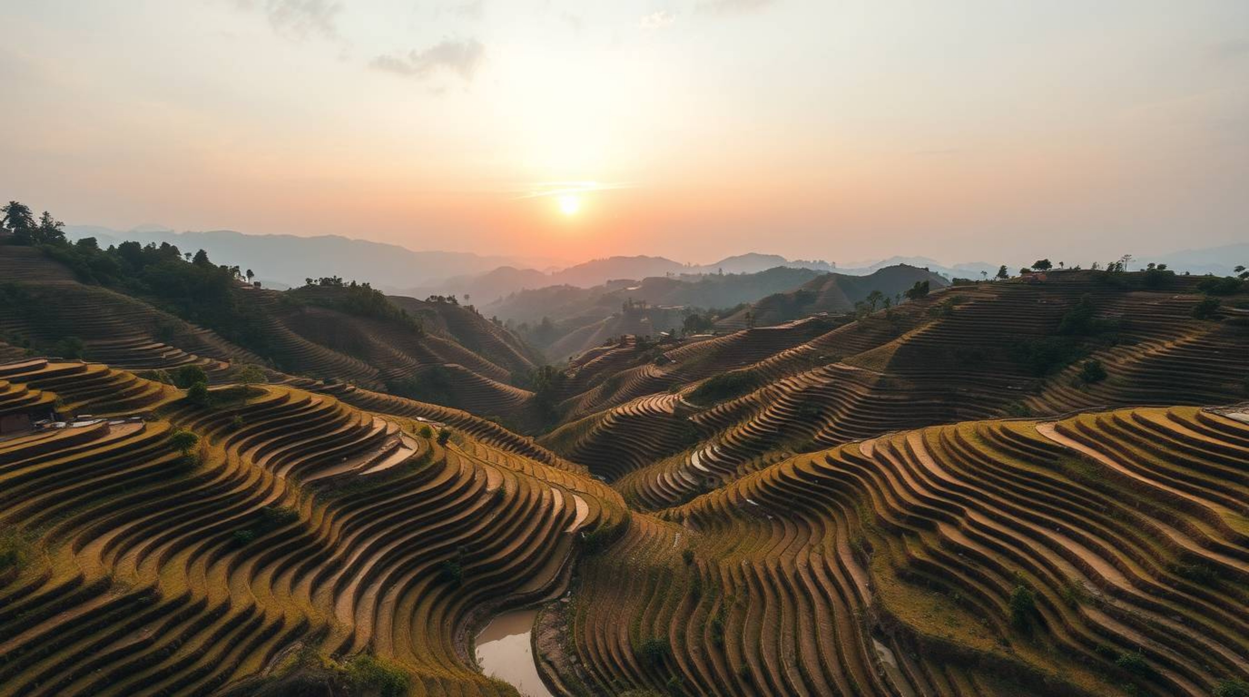 Experience a breathtaking overhead bird's-eye view of a serene sunset casting its warm glow over mountainous rice terraces. T