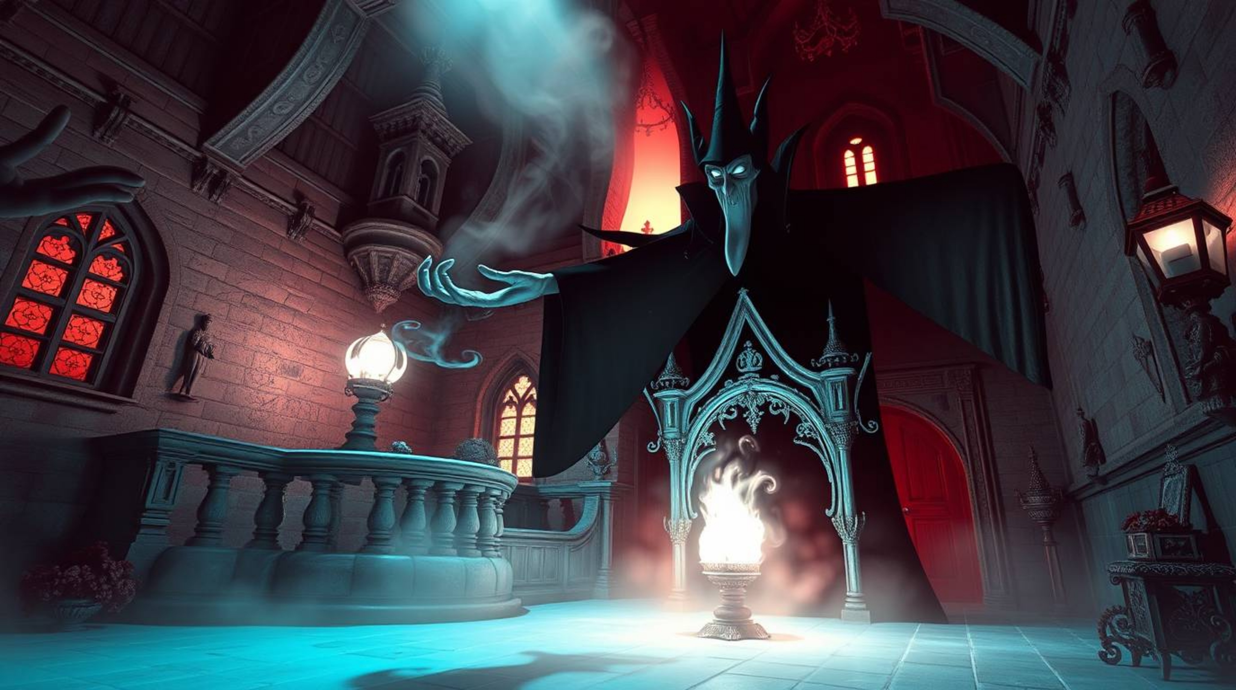Experience a surreal and dreamlike scene of a classic Disney villain casting a spell within a fantastical old castle.  This c