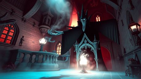 Experience a surreal and dreamlike scene of a classic Disney villain casting a spell within a fantastical old castle.  This c