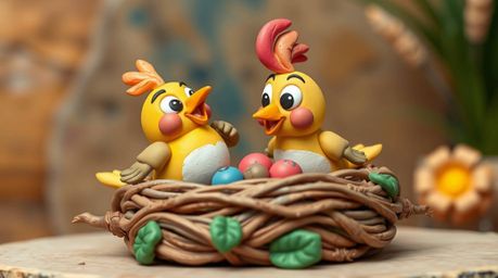 Delightful sculptural clay art depicting two cartoon birds energetically building a nest.  Rendered in a classic animation st
