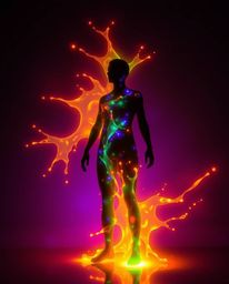 A captivating modern art piece showcasing a human silhouette formed by glowing bioluminescent splash patterns. The artwork is