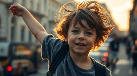 A candid street photograph captures a young boy with messy brown hair seemingly flying above London, aided by subtle yellow p