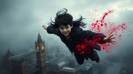 A dynamic image showcasing a young boy with long black hair soaring above London, propelled by vibrant crimson pixie dust. Th