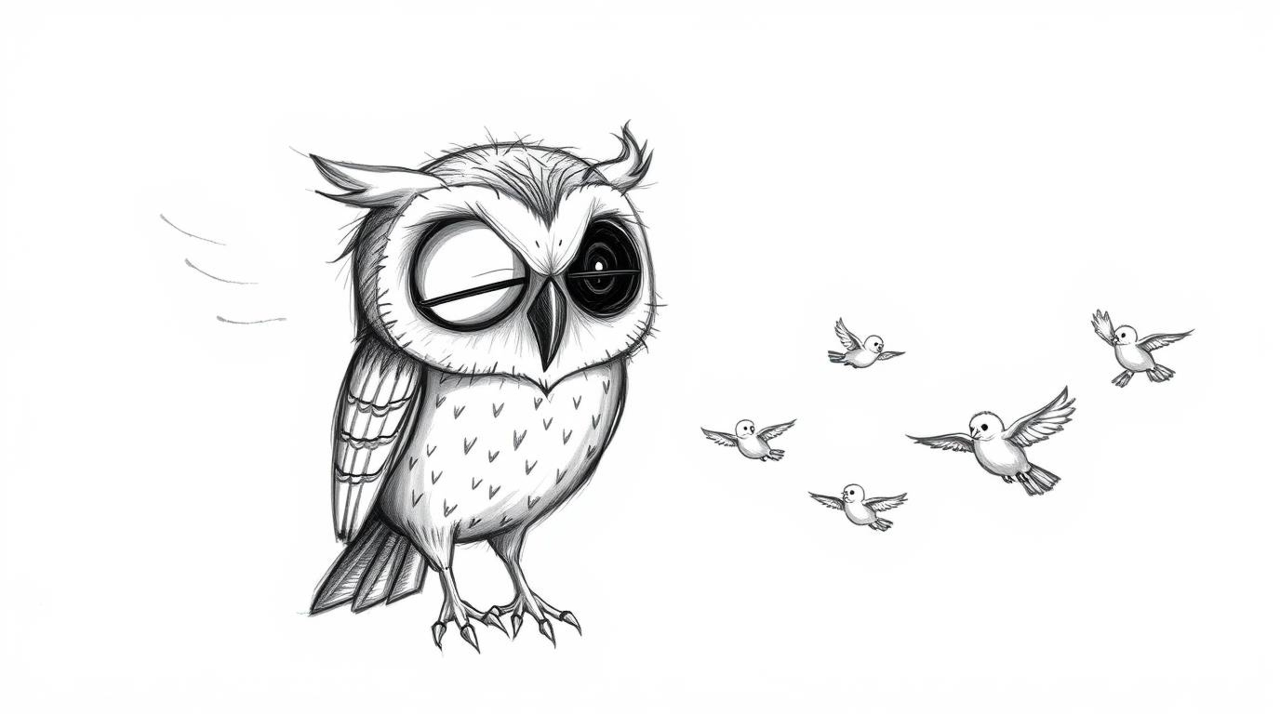 A charming Pixar-style hand-drawn sketch depicts a wise and calm blind owl patiently teaching a flock of small birds to fly. 