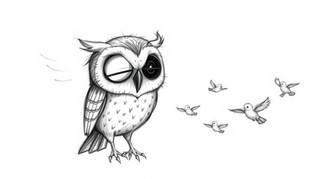 A charming Pixar-style hand-drawn sketch depicts a wise and calm blind owl patiently teaching a flock of small birds to fly. 