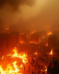 A high-angle, soft-focus cinematic shot depicting a city engulfed in flames, capturing the chaos as people flee in all direct