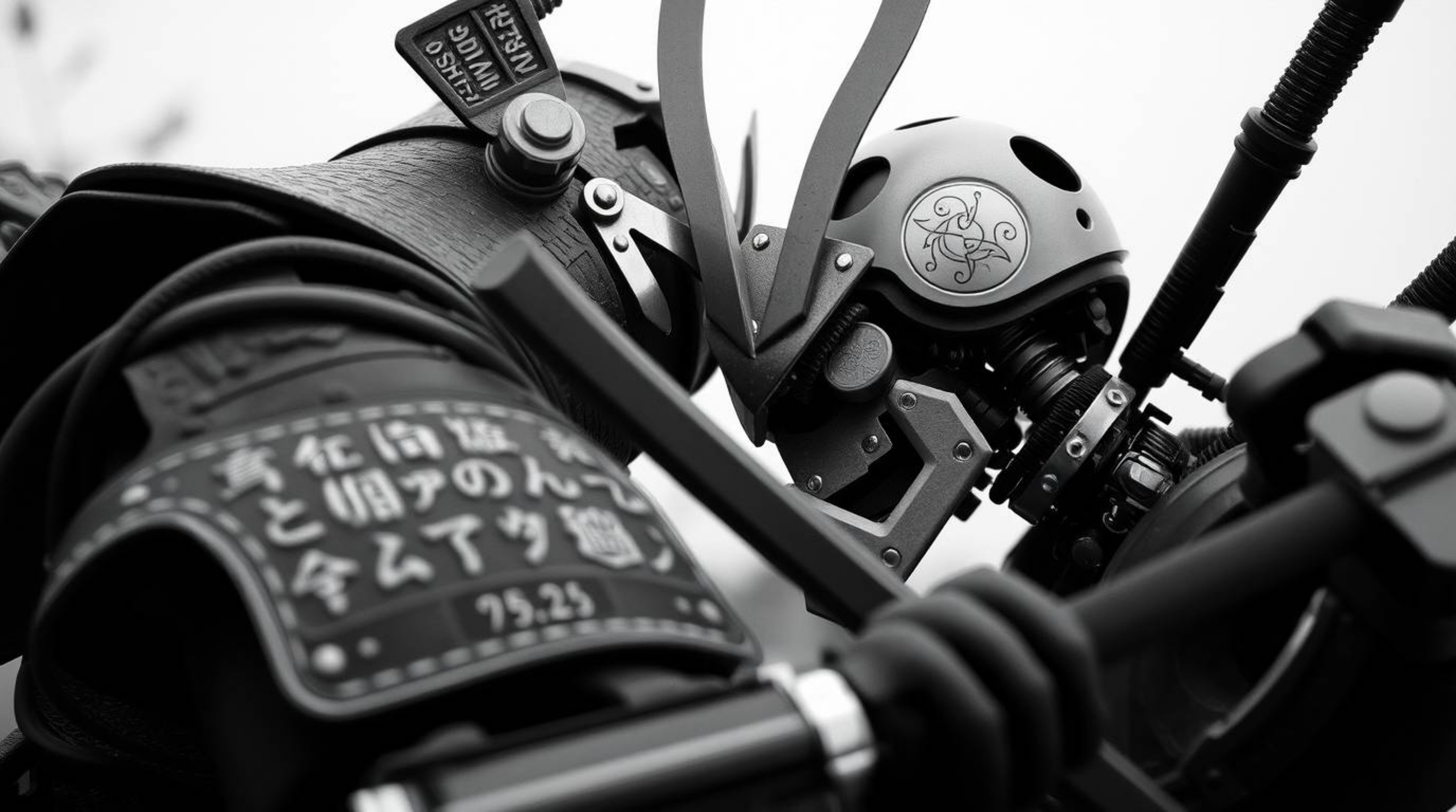 Explore a timeless and elegant clash between a samurai and a robot in a dystopian world through extreme macro close-ups. Focu