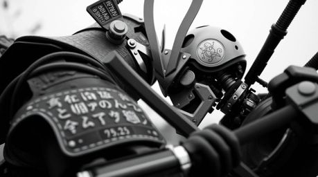 Explore a timeless and elegant clash between a samurai and a robot in a dystopian world through extreme macro close-ups. Focu