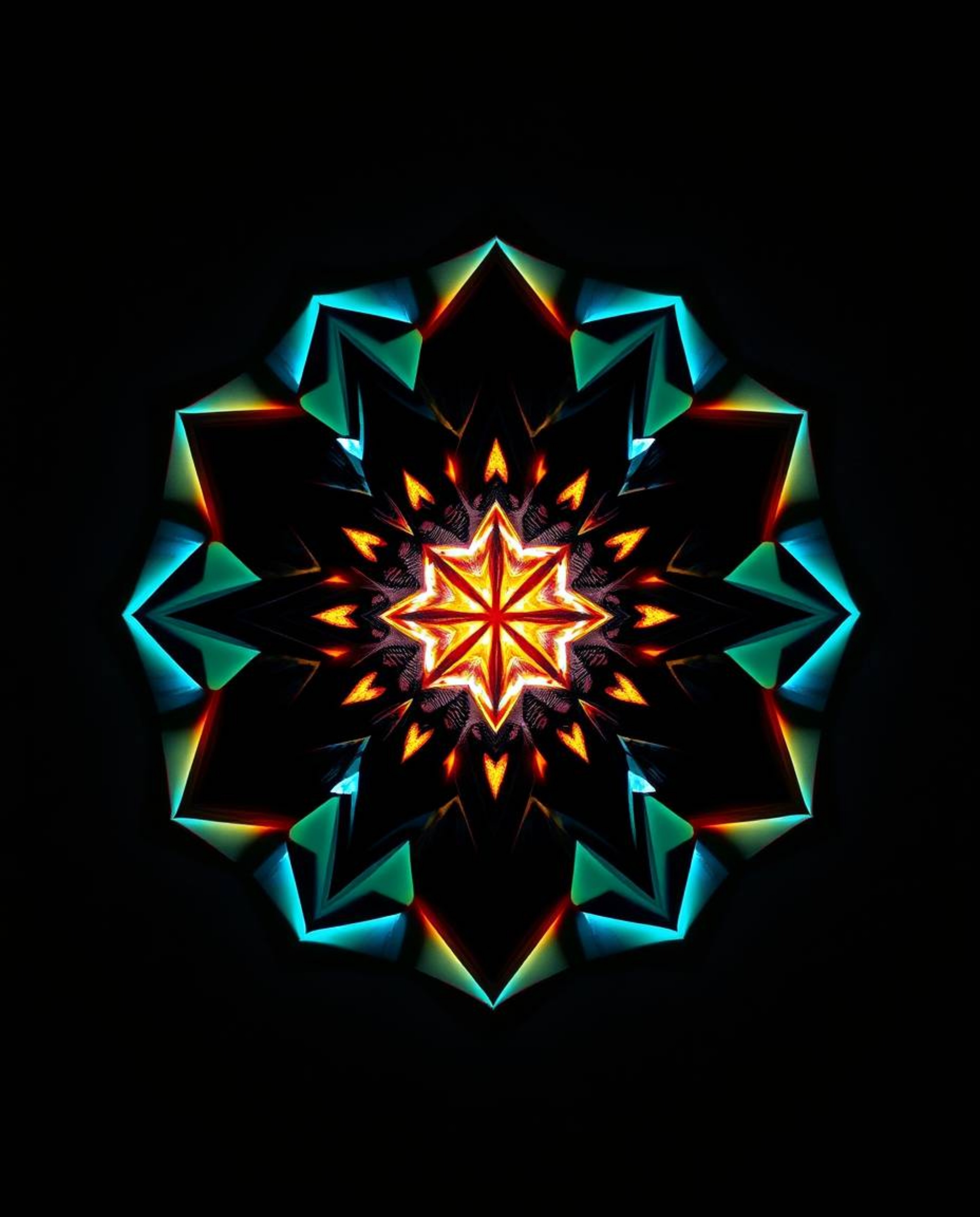 Experience the captivating allure of a bioluminescent artwork featuring a mesmerizing 3D geometric pattern reminiscent of fol