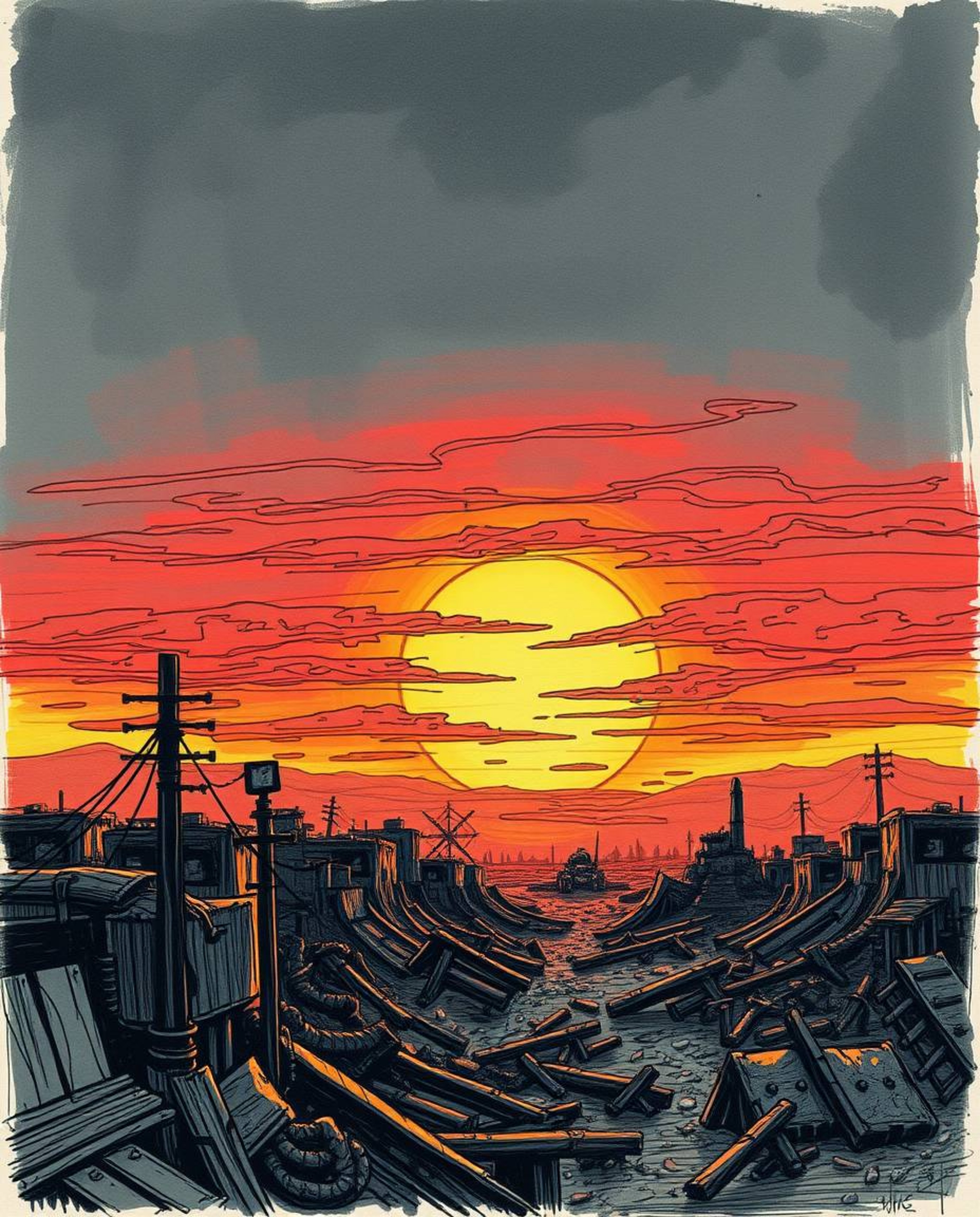 A captivating hand-drawn sketch depicting a sunrise over a war-torn landscape.  Rendered in a dark, sketchnote style, the ima
