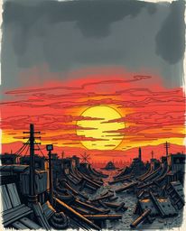 A captivating hand-drawn sketch depicting a sunrise over a war-torn landscape.  Rendered in a dark, sketchnote style, the ima