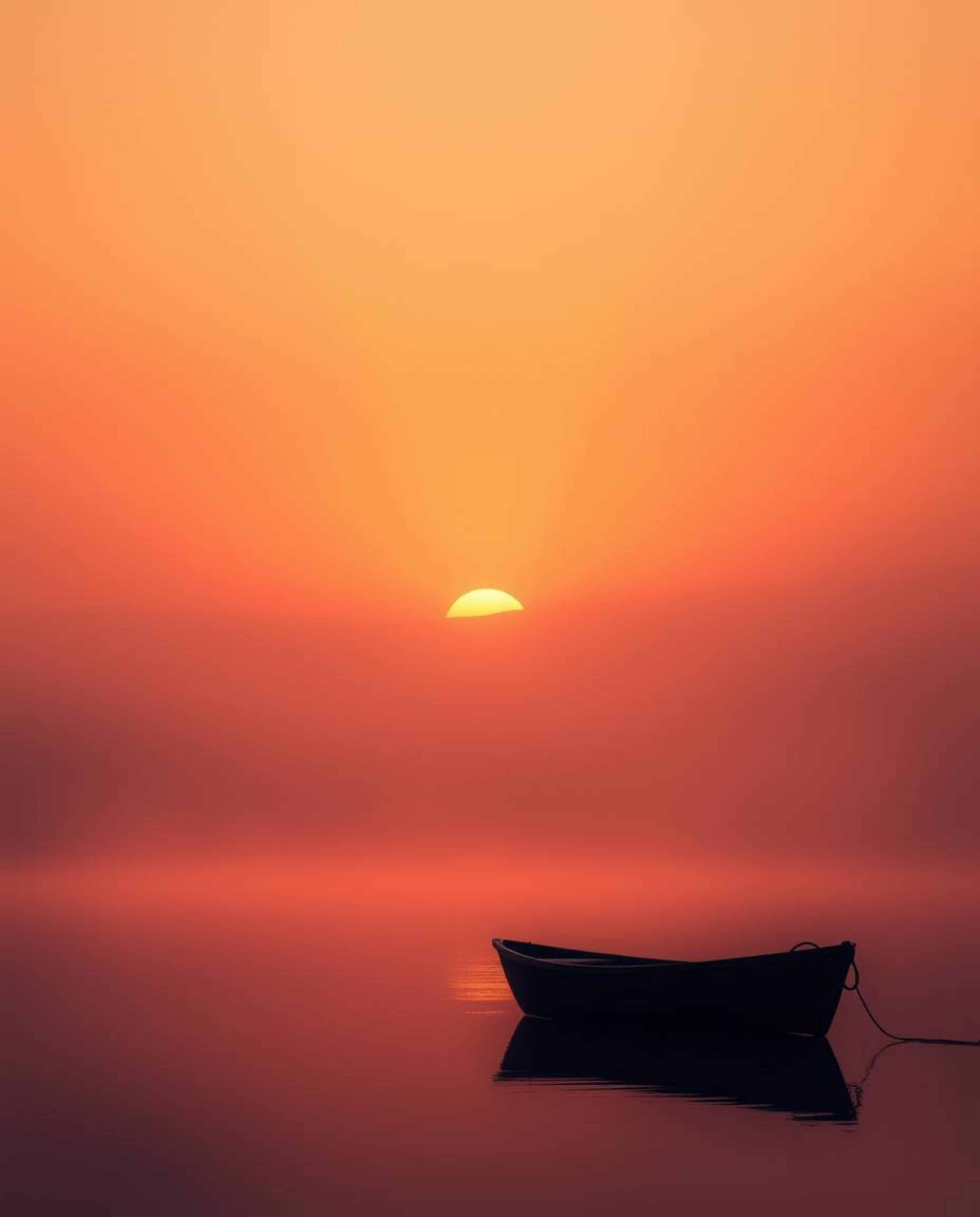 This is a volumetric lighting illustration of a boat drifting on a hazy lake at sunset. The artwork is characterized by its u