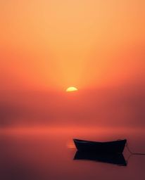 This is a volumetric lighting illustration of a boat drifting on a hazy lake at sunset. The artwork is characterized by its u