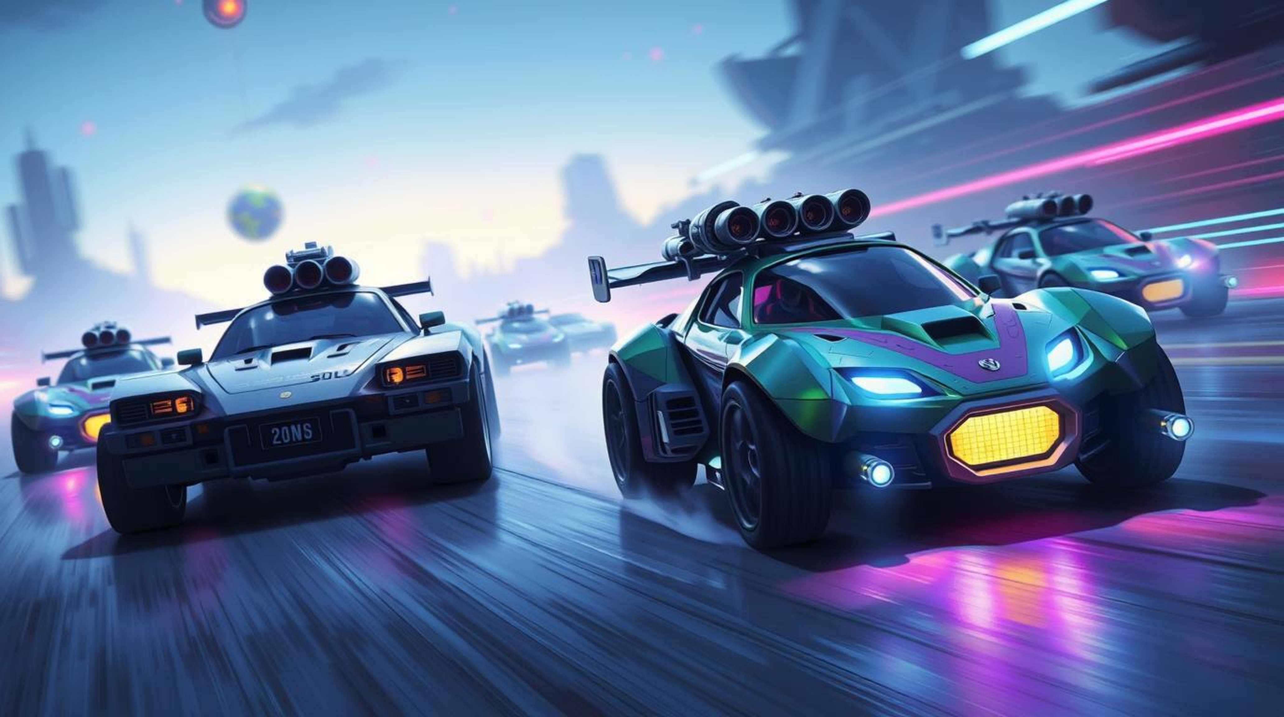 Dive into a futuristic sci-fi wacky racing scene featuring outlandish cars, cool colors, and gentle soft light. This digital 