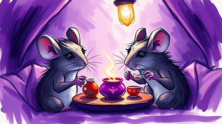 A dynamic digital sketch depicting anthropomorphic mice enjoying tea in a cozy cottage, created with loose, painterly strokes
