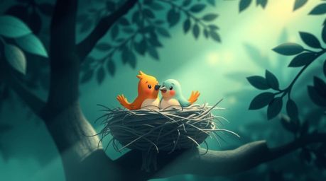 A captivating animation showcasing two cartoon birds building a nest. The scene is rendered in a rich, deep teal with a soft