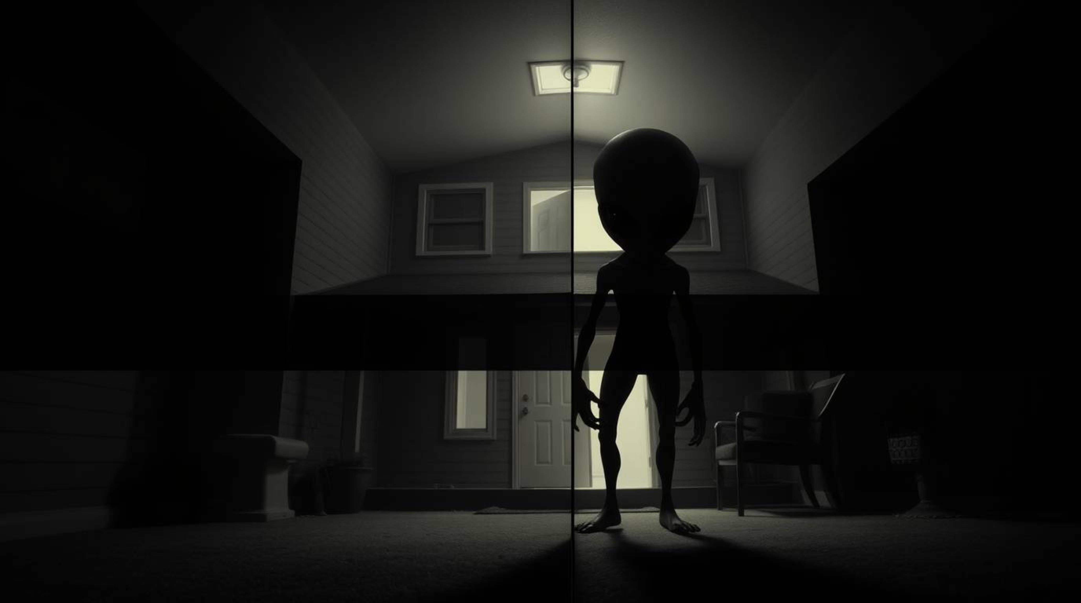 Explore a striking visual narrative with an alien residing in a suburban house, rendered in a high-contrast, low-key style. T