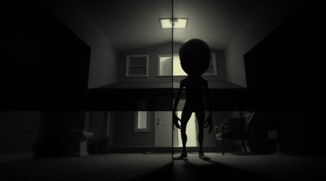 Explore a striking visual narrative with an alien residing in a suburban house, rendered in a high-contrast, low-key style. T