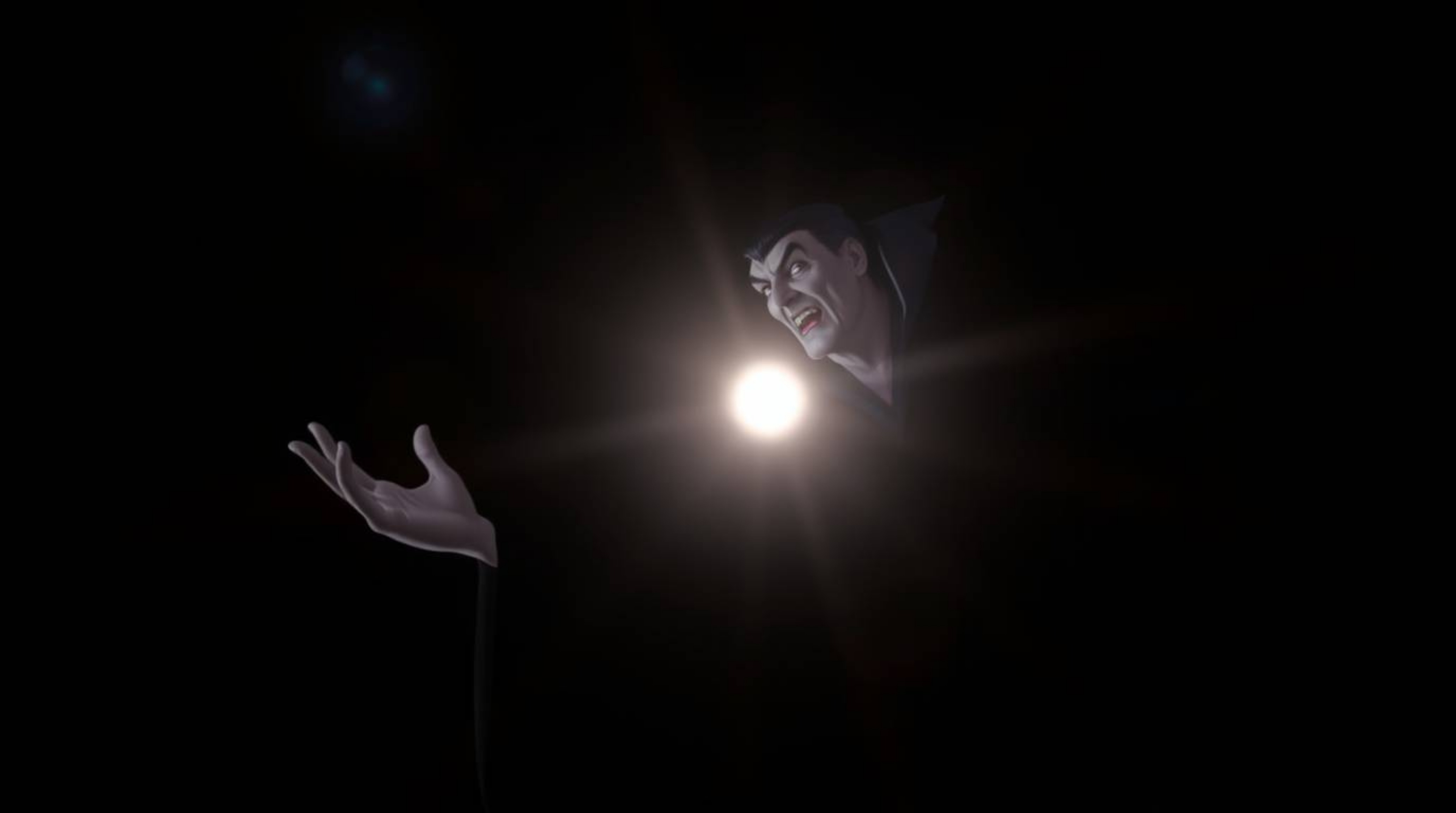 This striking image features a classic Disney villain intensely casting a spell within the shadows of a dark castle. The comp
