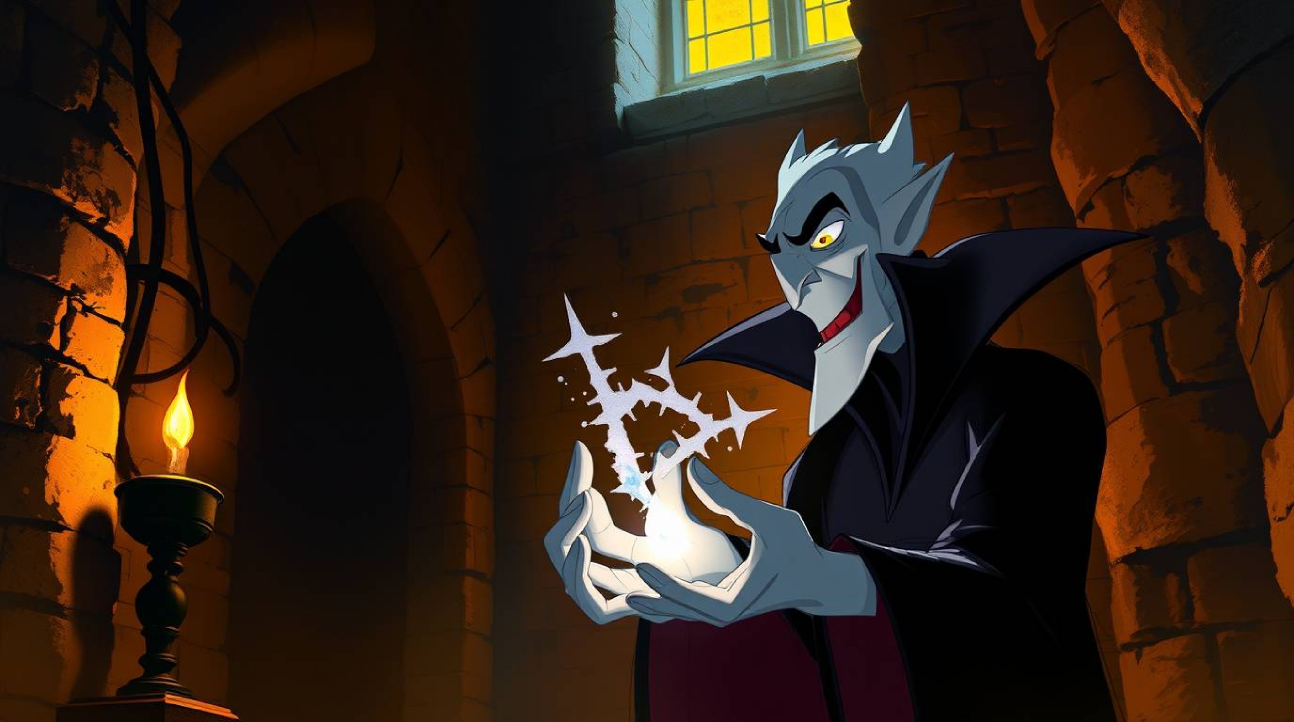A classic Disney villain, with sharp features and pale skin, casts a spell within an old stone castle bathed in warm autumnal
