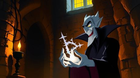 A classic Disney villain, with sharp features and pale skin, casts a spell within an old stone castle bathed in warm autumnal