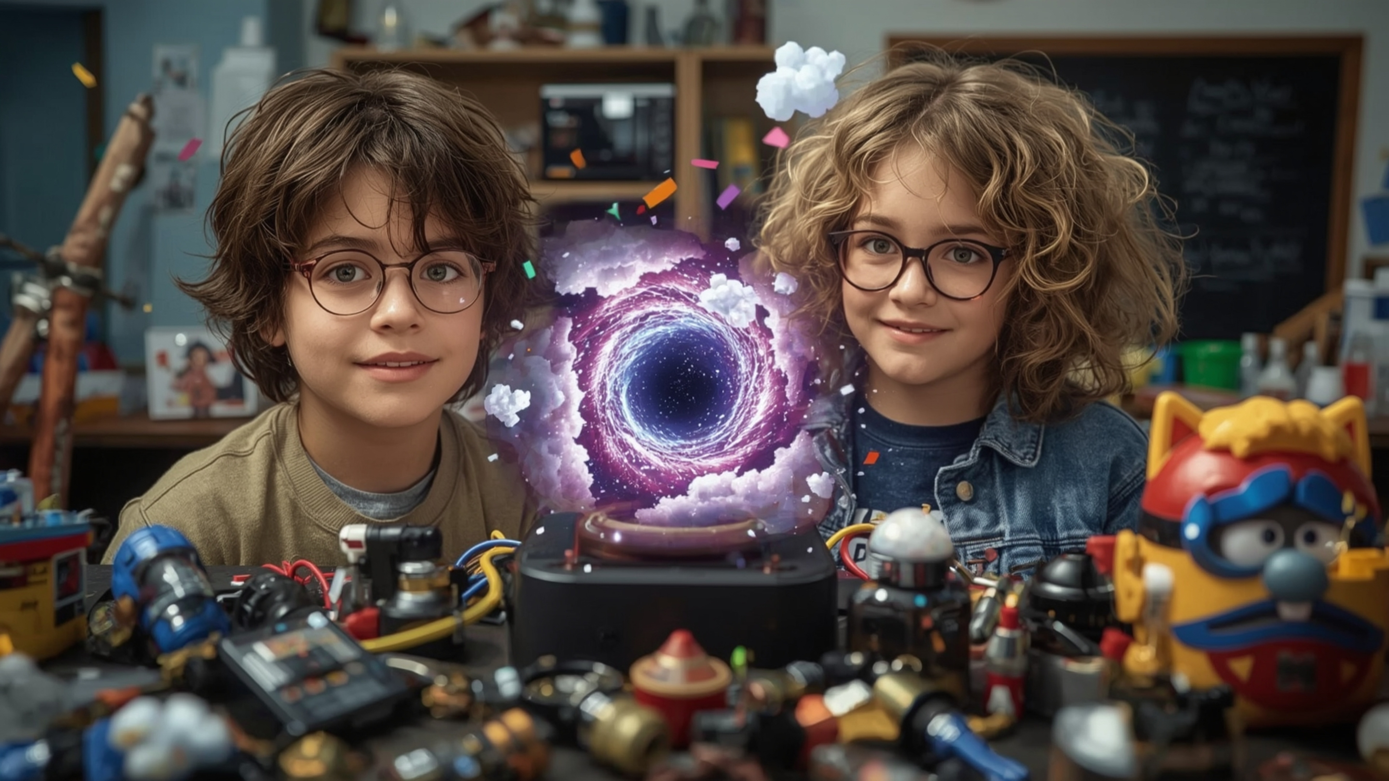A highly detailed, vibrant, and whimsical cinematic photograph captures a magical moment of discovery as two enthusiastic sci