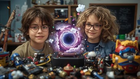 A highly detailed, vibrant, and whimsical cinematic photograph captures a magical moment of discovery as two enthusiastic sci