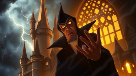 A classic Disney villain with dark, intense eyes casts a powerful spell within the majestic walls of an old castle, as a dram