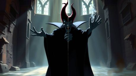 A striking digital painting featuring a classic Disney villain casting a powerful spell within the imposing walls of an old c