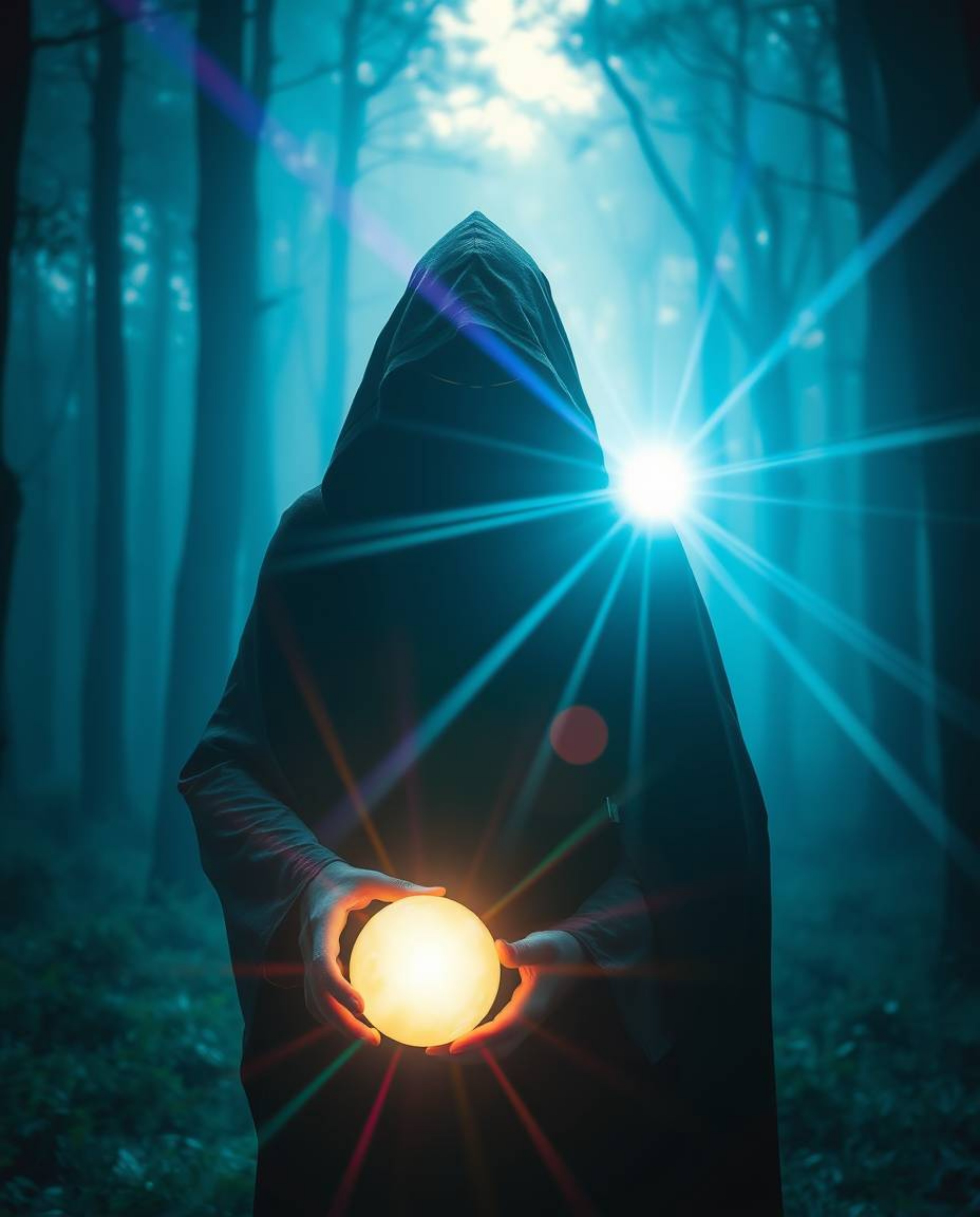 A cloaked figure emerges from the vibrant, misty forest, holding a glowing orb that illuminates the surroundings with streaks