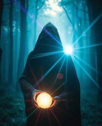 A cloaked figure emerges from the vibrant, misty forest, holding a glowing orb that illuminates the surroundings with streaks