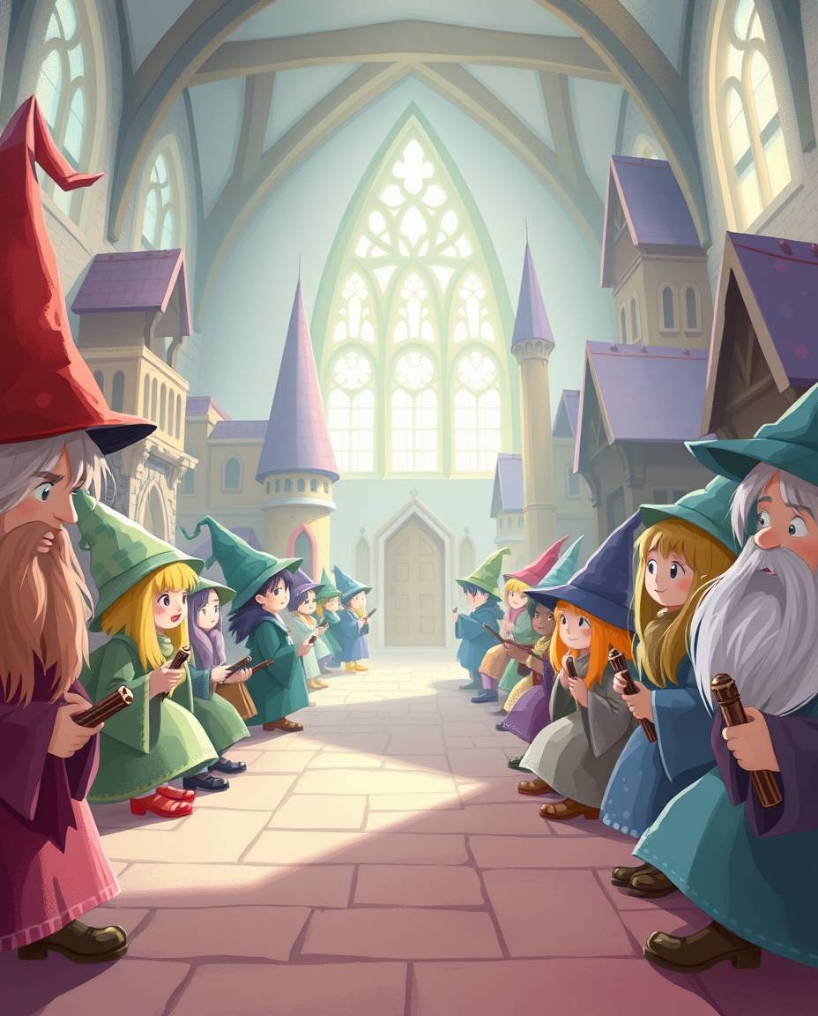 Explore a magical school brimming with young wizards, rendered in a gentle and soothing aesthetic featuring soft pastel color