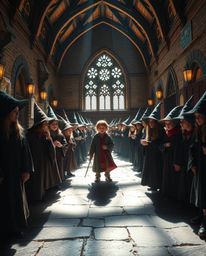 Imagine a magical school brimming with young wizards, brought to life with strong, hard light. This artistic choice creates d