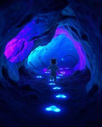 A child with large eyes embarks on a captivating journey into a fantastical cave, guided by glowing purple and teal footsteps