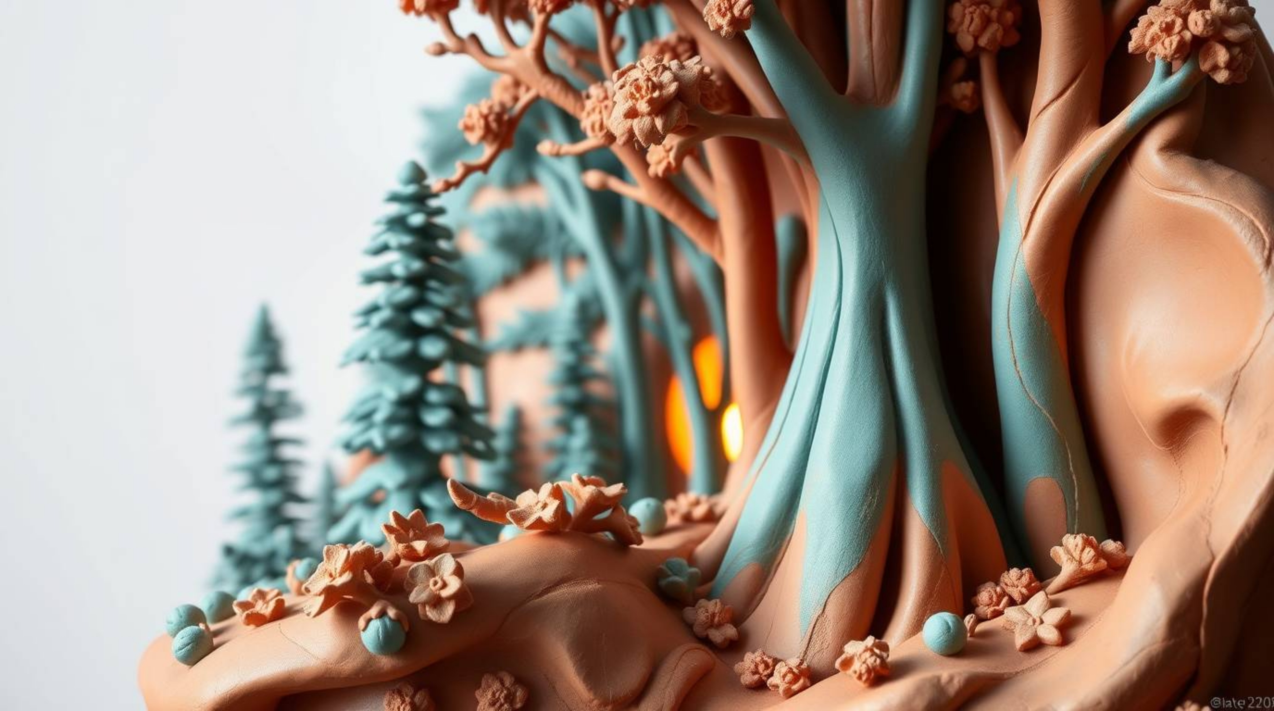 A captivating clay sculpture showcases a serene sunset scene filtering through a dense forest.  The artwork masterfully blend