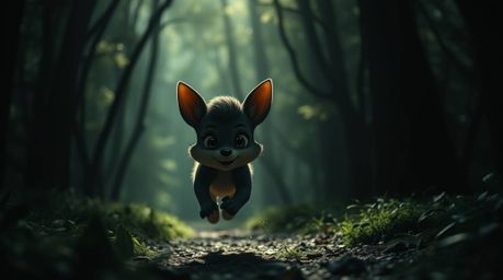 A captivating scene unfolds: an adorable animal chase through a mesmerizing looping forest background. High contrast and low