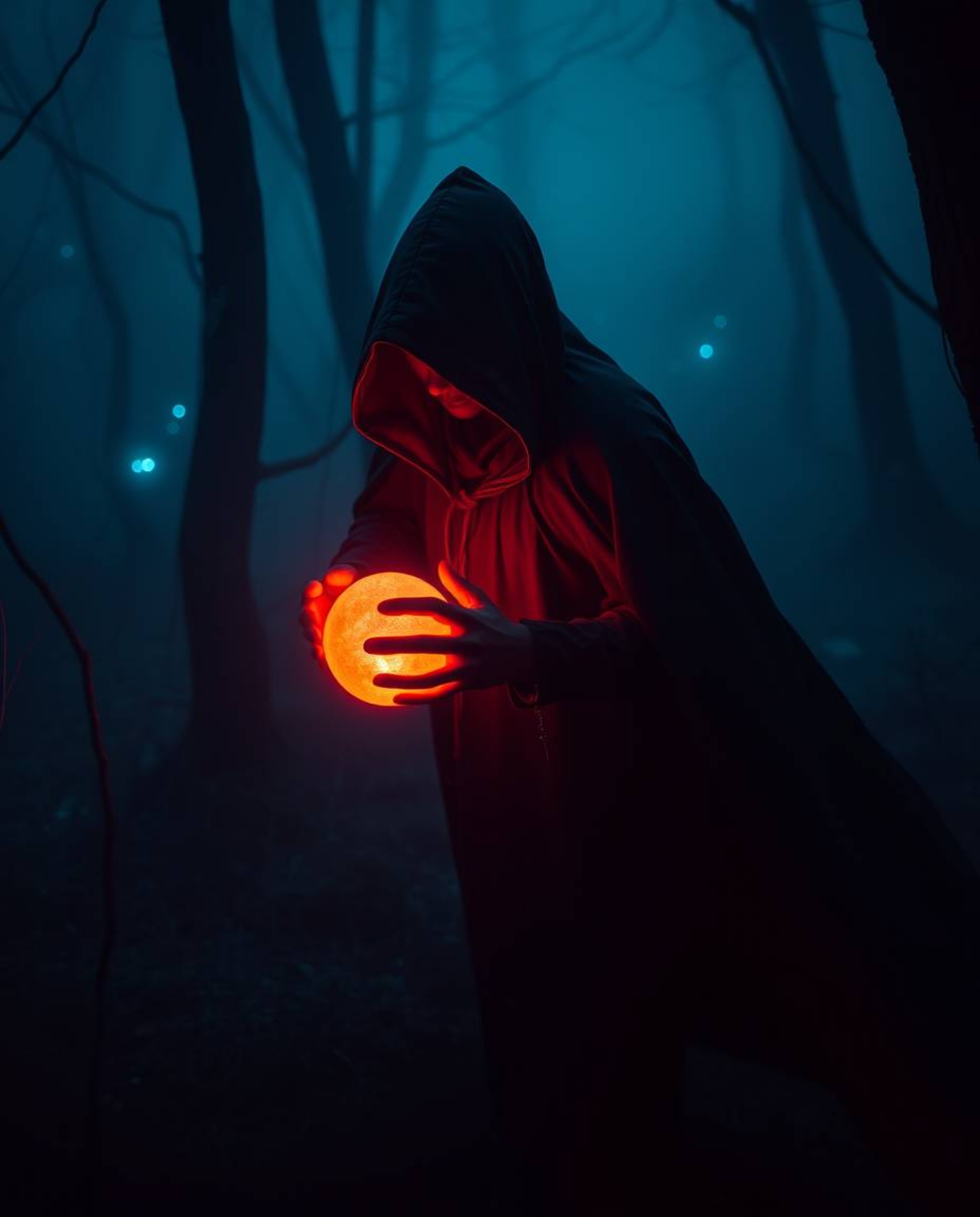 A mesmerizing scene unfolds in a misty forest, where a cloaked figure stands holding a glowing orb. The environment is illumi