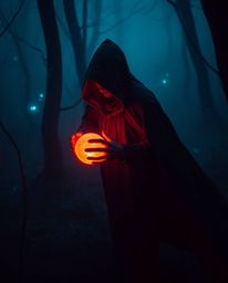 A mesmerizing scene unfolds in a misty forest, where a cloaked figure stands holding a glowing orb. The environment is illumi