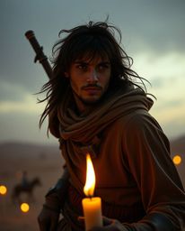A high-resolution stock photo depicting a brave Disney-esque hero embarking on a dramatic desert adventure. The image featur